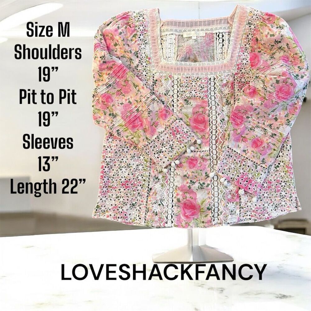 LoveShackFancy Romantic Eyelet Pink White Floral Square Neck Blouse Sleeve - Picture 8 of 12